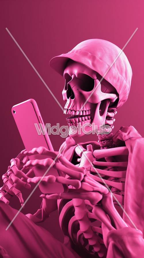 스마트폰을 들고 있는 핑크색 해골