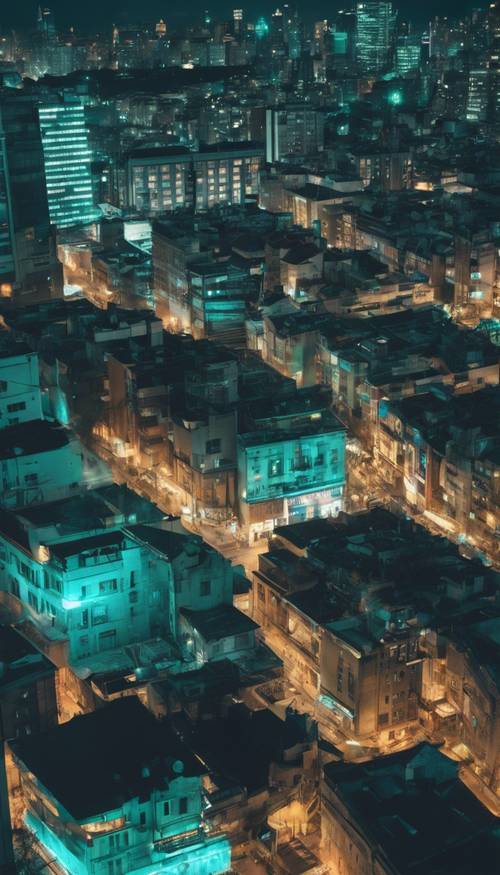 Vue nocturne d&#39;une ville animée avec des bâtiments affichant des lumières imprimées Teal Cow.