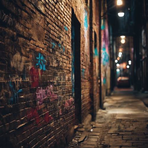 An aged brick wall in a dimly-lit alleyway showcasing a vibrant graffiti of a dark moody jazz club scene.
