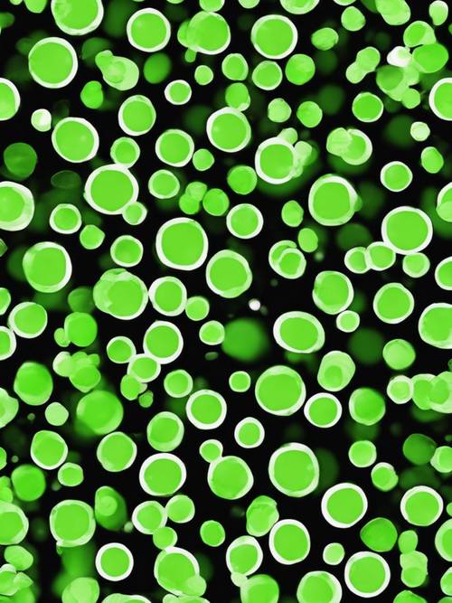 Vivid, neon green polka dots pattern scattered across a pitch black background.