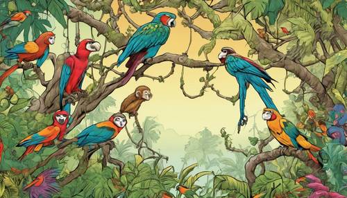 A cartoon jungle filled with playful monkeys swinging from vines and colorful exotic birds.