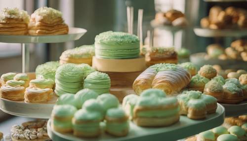 An assortment of pastel green pastries displayed in a cozy bakery.
