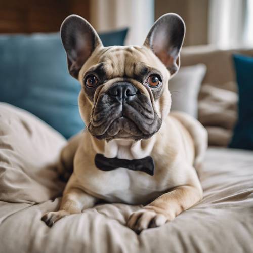 Un ritratto di un Bulldog francese con gli occhi azzurri su un letto per cani beige.