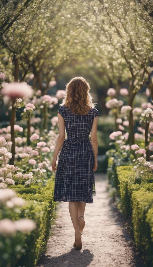 An elegant woman in a Navy Plaid dress walking in a dainty flower garden during spring. Tapeta [f5602ea64a804ba694c4]