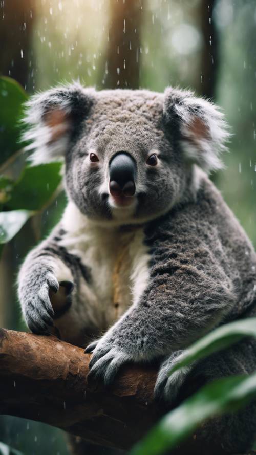 A koala deep in slumber, with its face nestled into its arms, while a gentle rainfall continues around it in the lush green forest.
