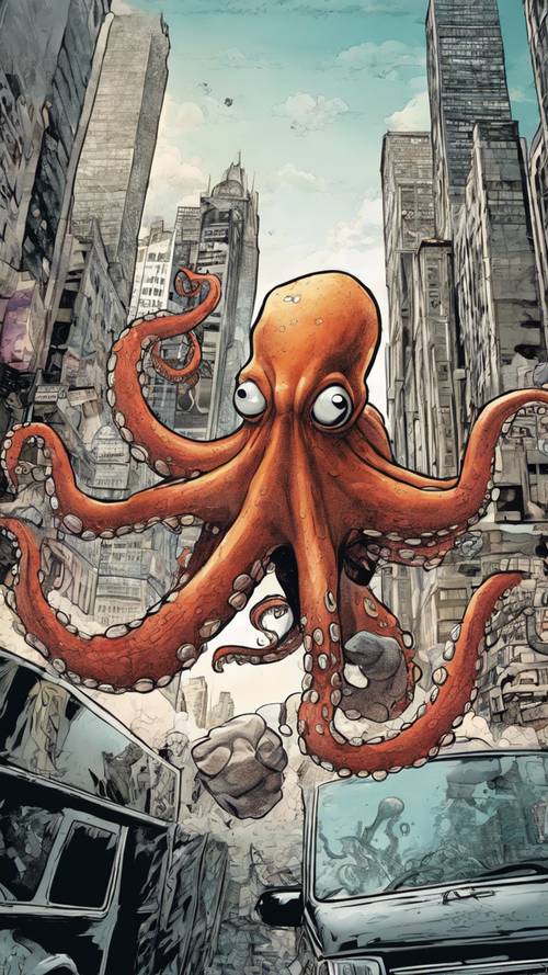 一幅漫画风格的、详细描绘了一只拯救世界的超级英雄章鱼。