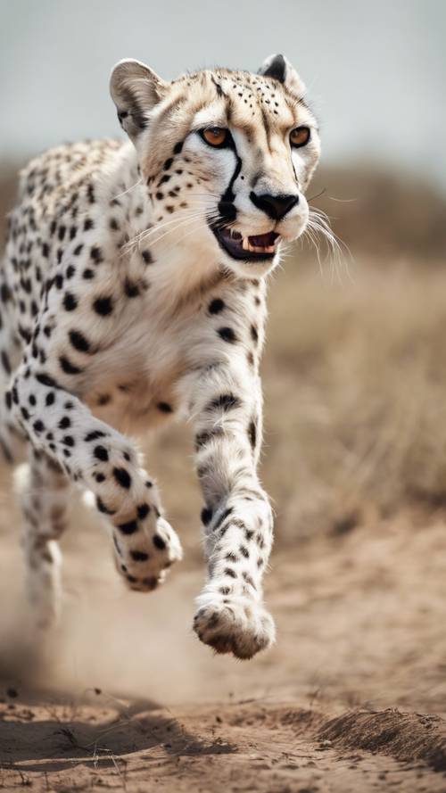 一只凶猛的白色猎豹全速奔跑，追逐一只瞪羚，时间静止。