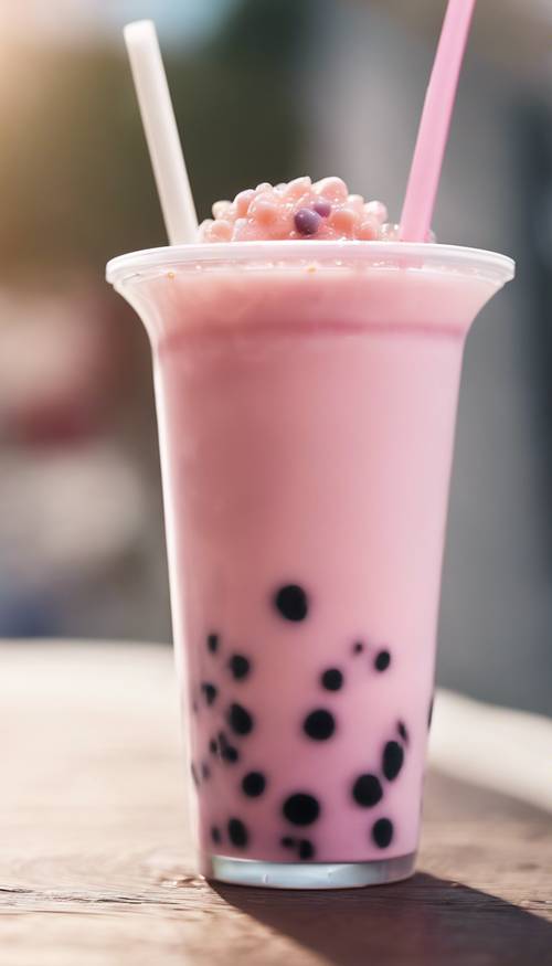 A close-up view of a pink boba tea, topped with cream and a straw peeking out, against a bright white background. Tapeet [13d30b2cf93448aabd58]