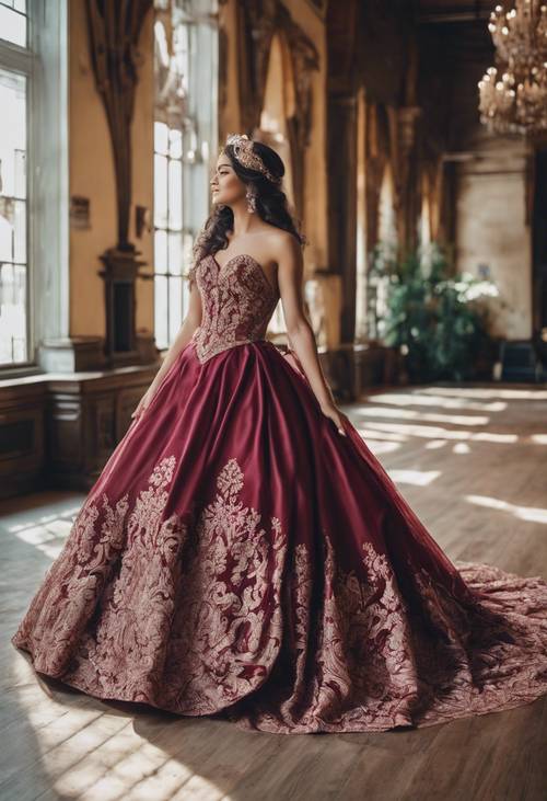A ballgown style Quinceanera dress with burgundy damask details.