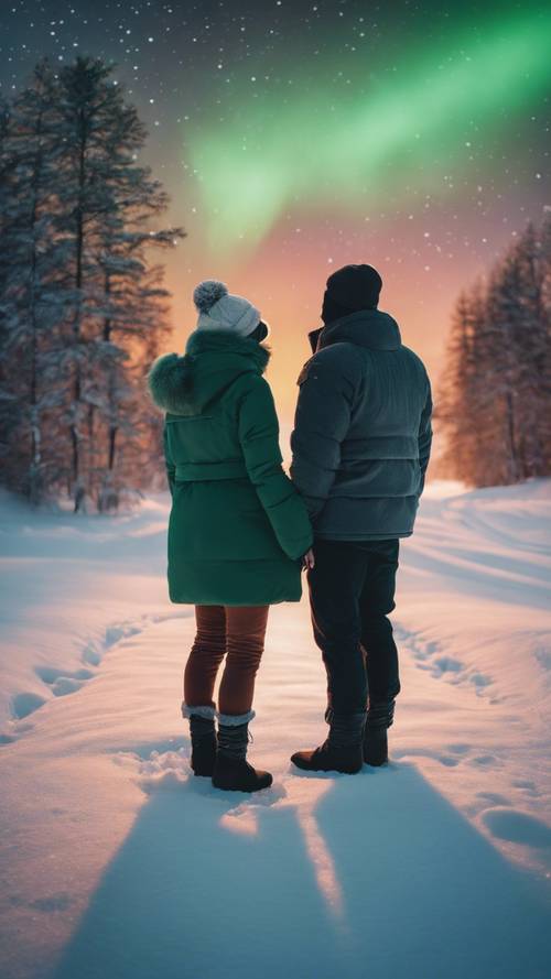 Sichtbare Atemzüge eines Paares, eingemummelt in einer verschneiten Landschaft, mit einem Hintergrund aus Polarlichtern, ein Anblick geteilten Staunens