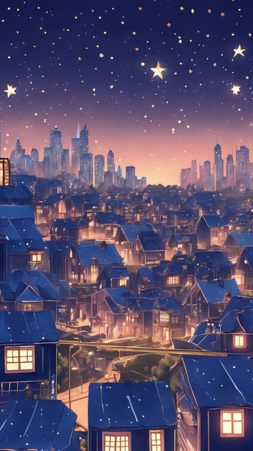 A cute kawaii cityscape with shiny dark blue buildings under a starry sky