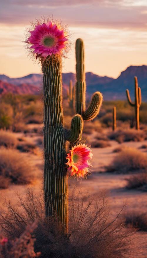 Un vibrante deserto al tramonto, con un grande cactus Saguaro in fiore in primo piano.