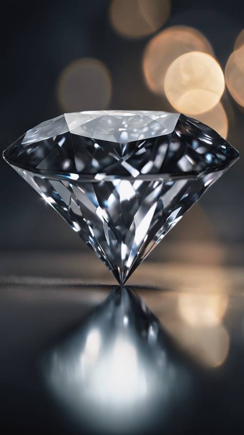 A shimmering gray diamond, reflecting a faint light in a dark room.