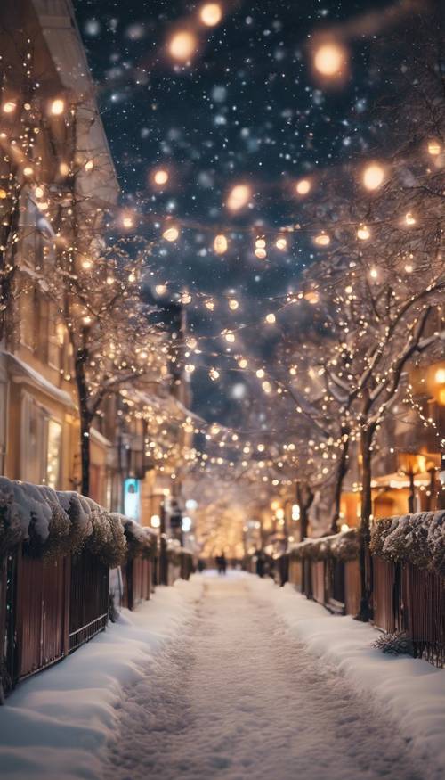 Una vista grandangolare di un paesaggio urbano ricoperto di scintillanti luci natalizie e da uno strato croccante di neve.