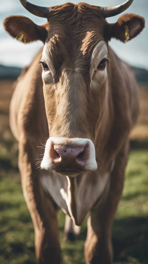 Primo piano del volto di una mucca Brown Swiss con occhi curiosi.