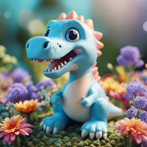 밝은 색의 꽃으로 둘러싸인 귀여운 표정의 하늘색 공룡입니다.