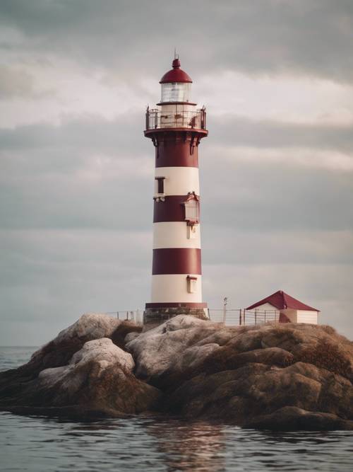 A striped, cream and maroon lighthouse sitting on an island surrounded by a calm sea.