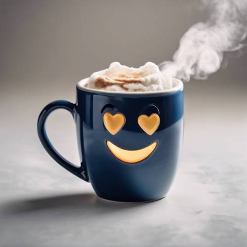 A cute kawaii coffee mug in dark blue with a smiling face and steam wafting into the shape of a heart