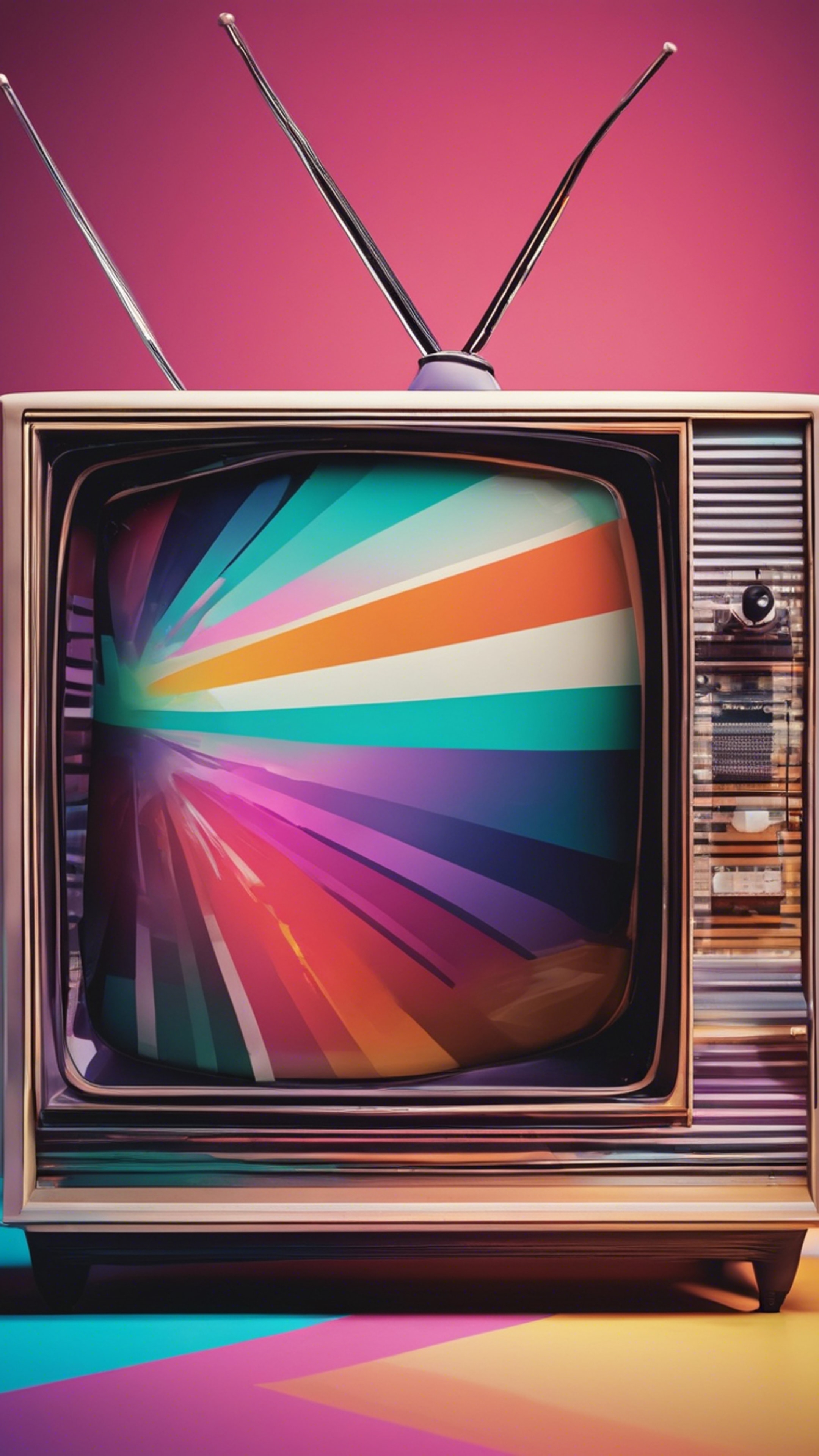 An image in the pop art style of a retro television set, brightly colored and exaggerated.壁紙[7675ef7e8b8d4c108de9]