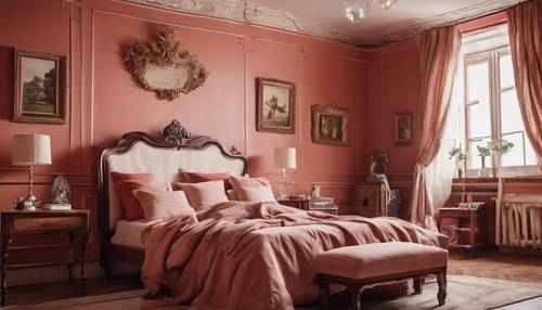 A tranquil bedroom interior with light red walls and antique furniture.