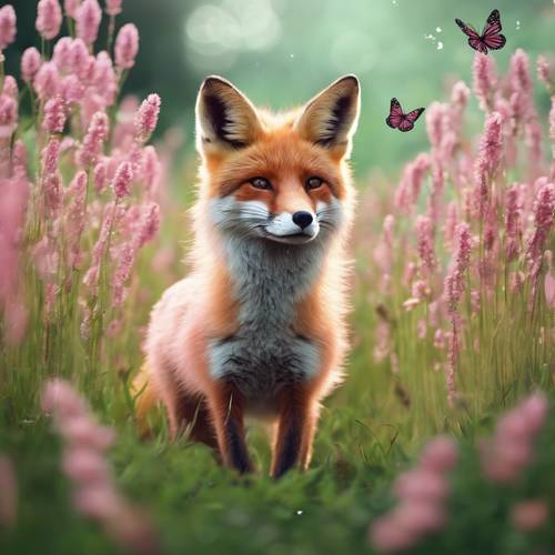 Un renard rose animé trottinant dans un champ d&#39;herbe haute et verte avec des papillons dansant autour.