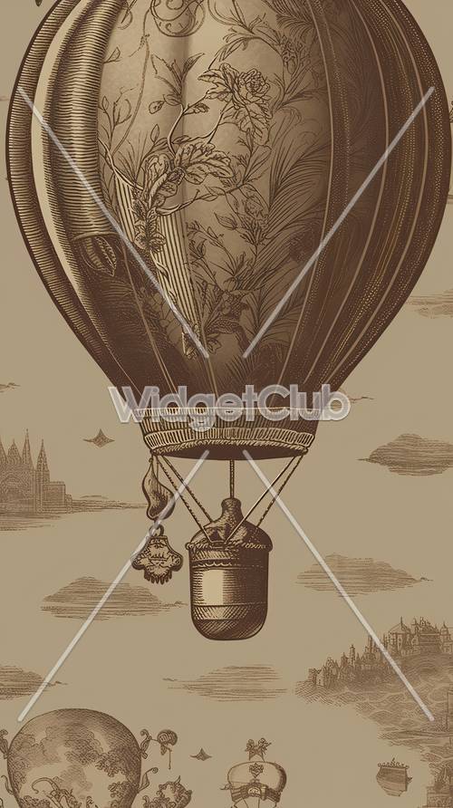 Vintage Hot Air Balloon Over Ancient City Drawing