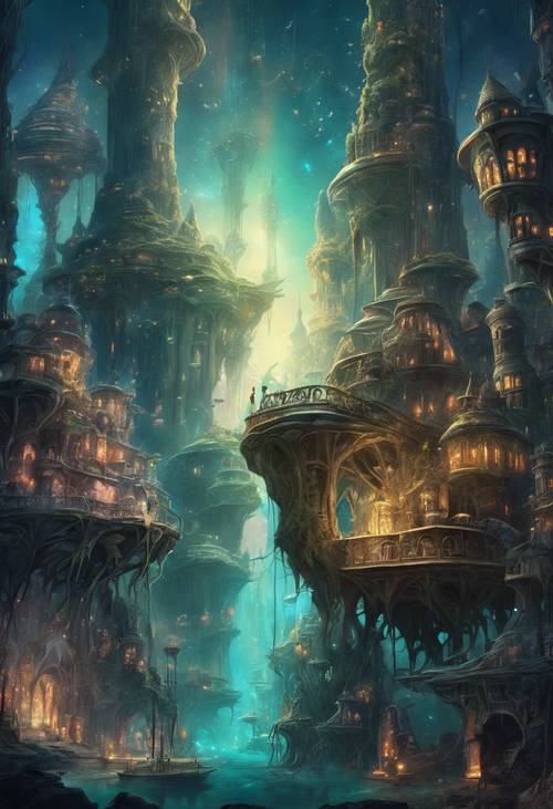 Una ciudad de fantasía en lo profundo de la superficie del océano, iluminada por criaturas mágicas bioluminiscentes.