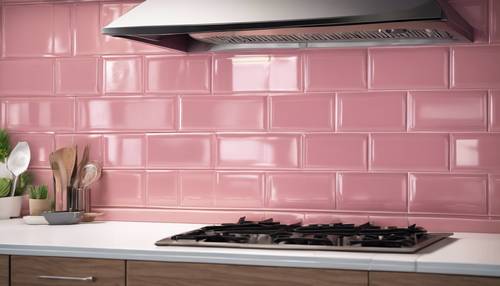 A glossy pink subway tile backsplash in a fresh, modern kitchen.