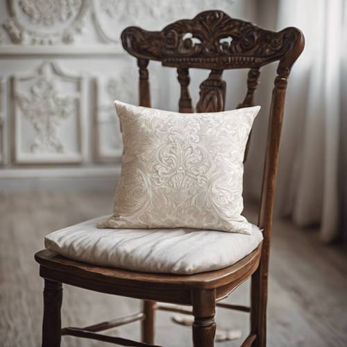 Cuscino damascato vintage bianco su una delicata sedia in legno antico.