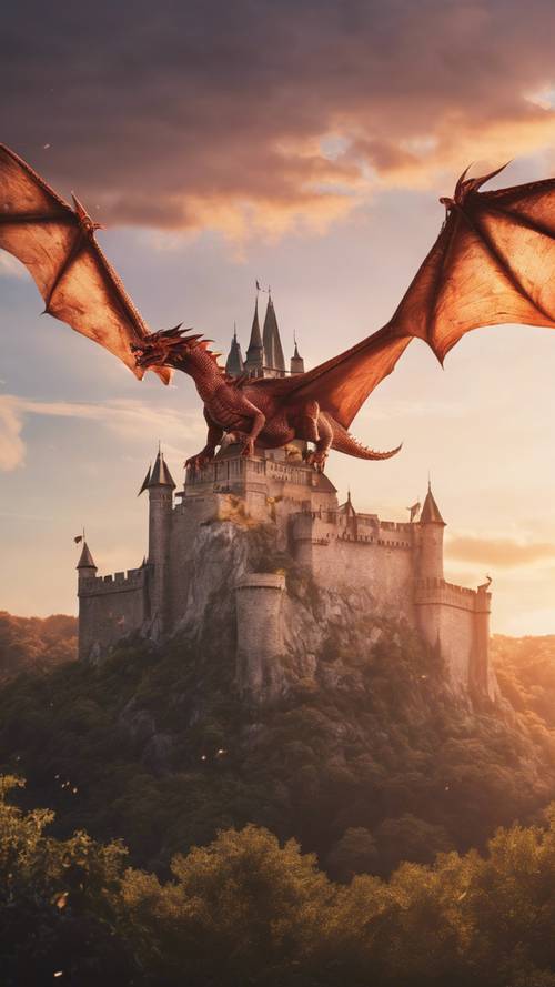 Um ousado e poderoso dragão estilo anime voando sobre um majestoso castelo durante o pôr do sol.