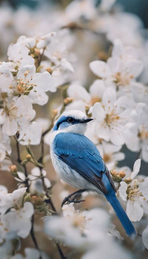 一只蓝白色的小鸟，有着闪闪发光的眼睛，好奇地凝视着一朵盛开的花朵。