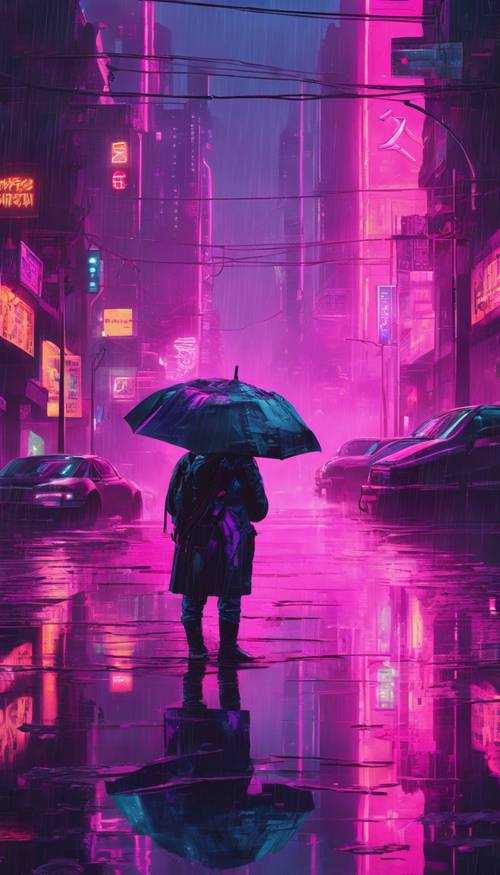 Cena de uma cidade chuvosa com poças refletindo luzes neon rosa e roxas, uma essência do ambiente cyberpunk.