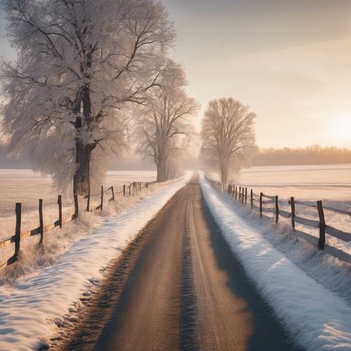 A wintry countryside road, neatly bordered by wooden fences, and an endless stretch of pristine snow-clad fields illuminated by a hazy winter sunrise.