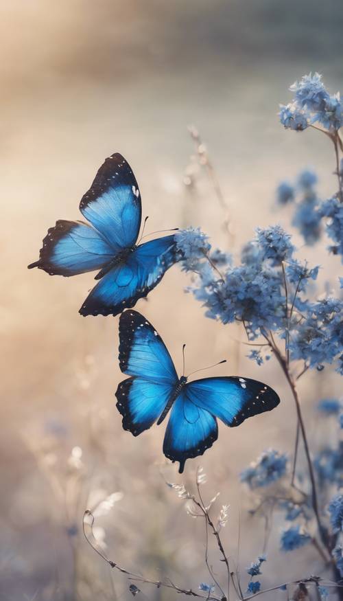 Một đôi bướm xanh tạo hình trái tim trên nền khung cảnh yên tĩnh.