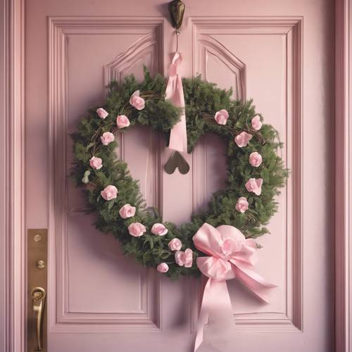 Pintu kayu kuno dengan karangan bunga berbentuk hati berwarna merah muda terang, menandakan selamat datang.