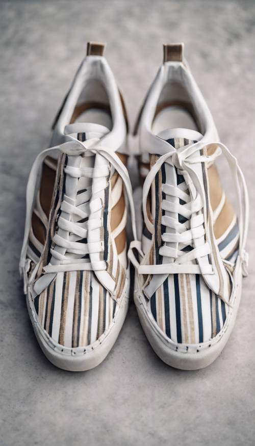 Para białych butów ze stylowym wzorem w paski.