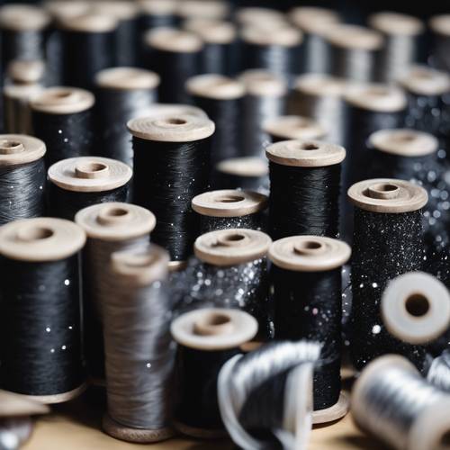 Carretéis de fios pretos e prateados com glitter na estação de trabalho de um artista têxtil.