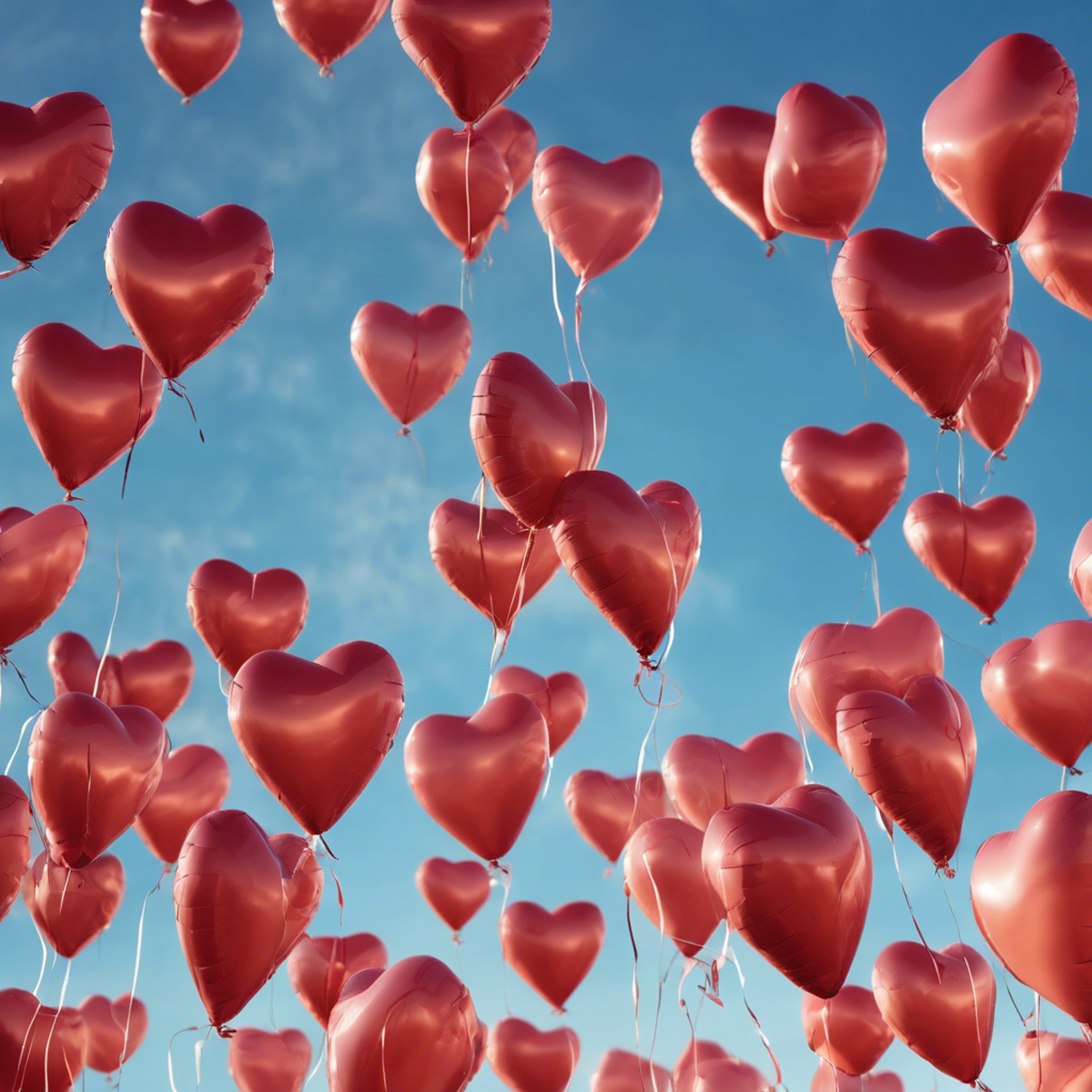 A bunch of heart-shaped balloons rising into a sunny blue sky. Обои[302a631809ba4ca4a7c7]