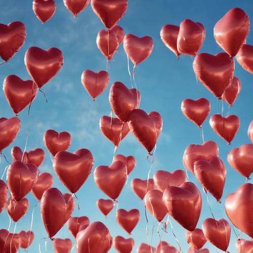 Un montón de globos en forma de corazón que se elevan hacia un cielo azul soleado.