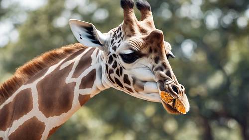 A picture of a giraffe with a rare, blue tongue out, with a butterfly parked on it.