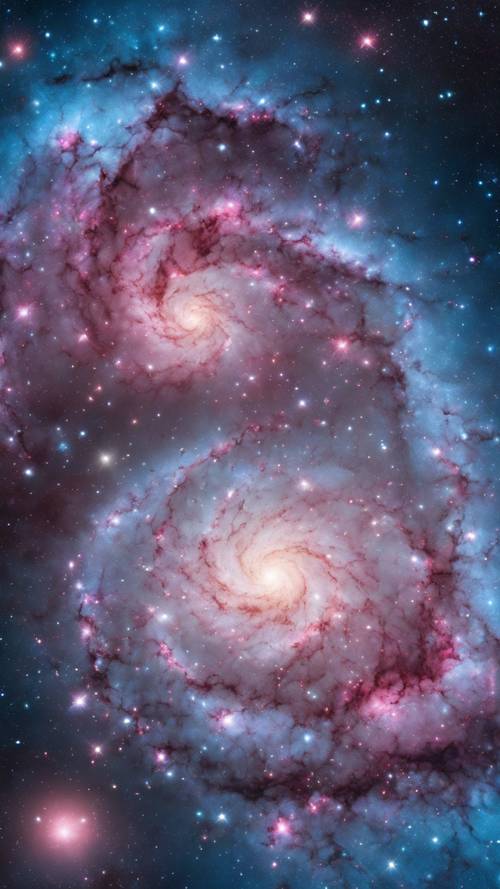 Galaksi luas dengan pusaran gugus bintang dan nebula yang bersinar dalam nuansa biru dan merah muda