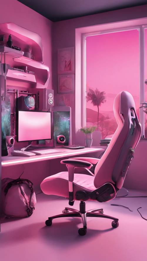 Una configurazione da gioco con accenti rosa pastello e luci bianche soffuse. Una sedia ergonomica in pelle rosa pastello, posta davanti a un&#39;elegante scrivania bianca. Un monitor da gioco con tonalità vivaci che illuminano una stanza buia.