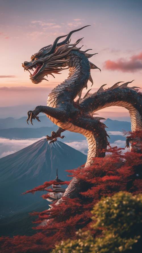 Un mitico drago giapponese in volo sul Monte Fuji al crepuscolo.