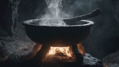 Grey smoke lifting from a bubbling witch's cauldron in a dark cave.”