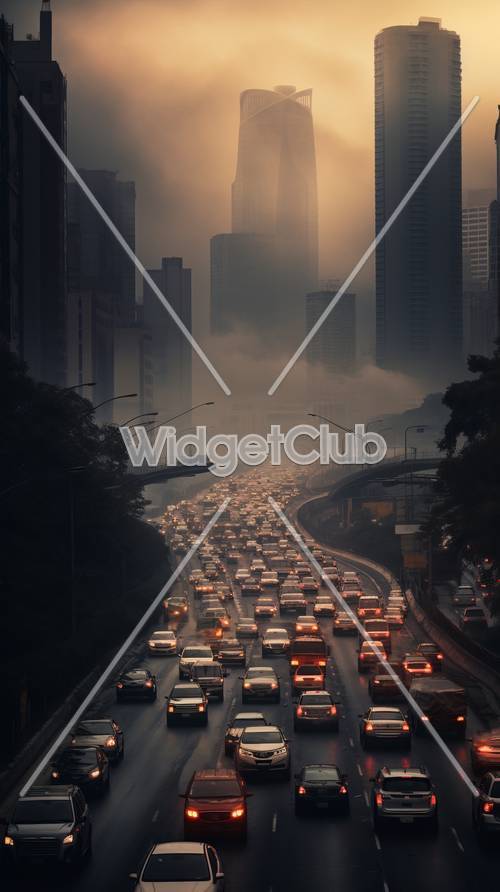 Misty City Traffic at Sunset