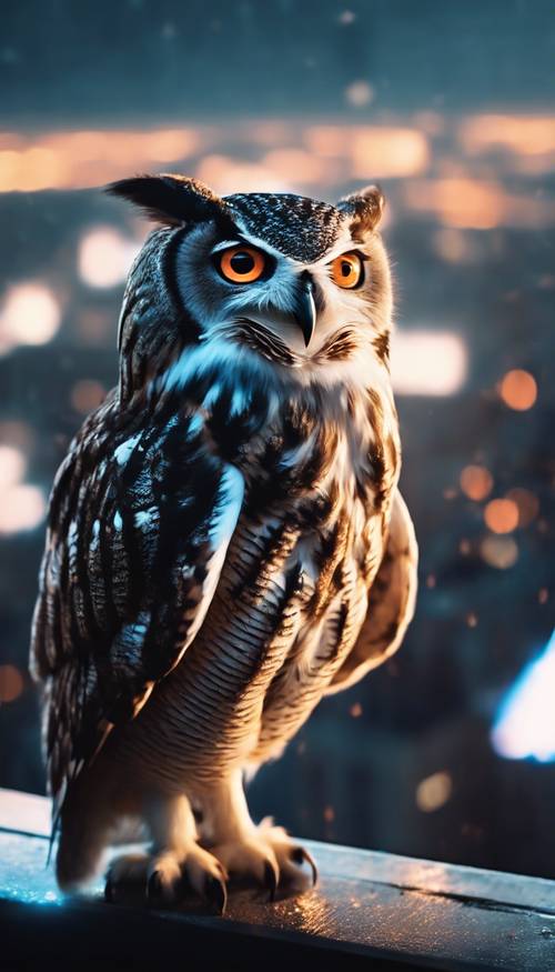 From a cool owl's perspective, overlooking a lit up city from a high-rise building