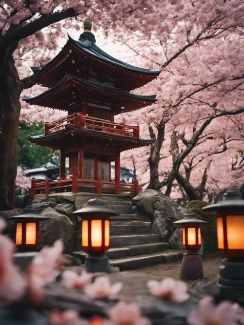 一座隐藏在樱花树中的日本神社，灯笼在黄昏中散发着柔和的光芒。