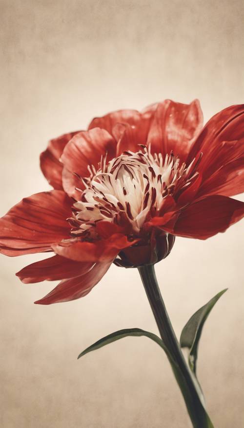 Uma única forma floral vermelha em estilo art déco, centrada em um fundo creme.