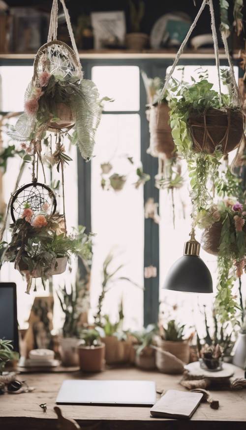 Creative spring boho office workspace with hanging plants, dreamcatchers, and pastel decorations. Wallpaper [260eef595ef84050b337]