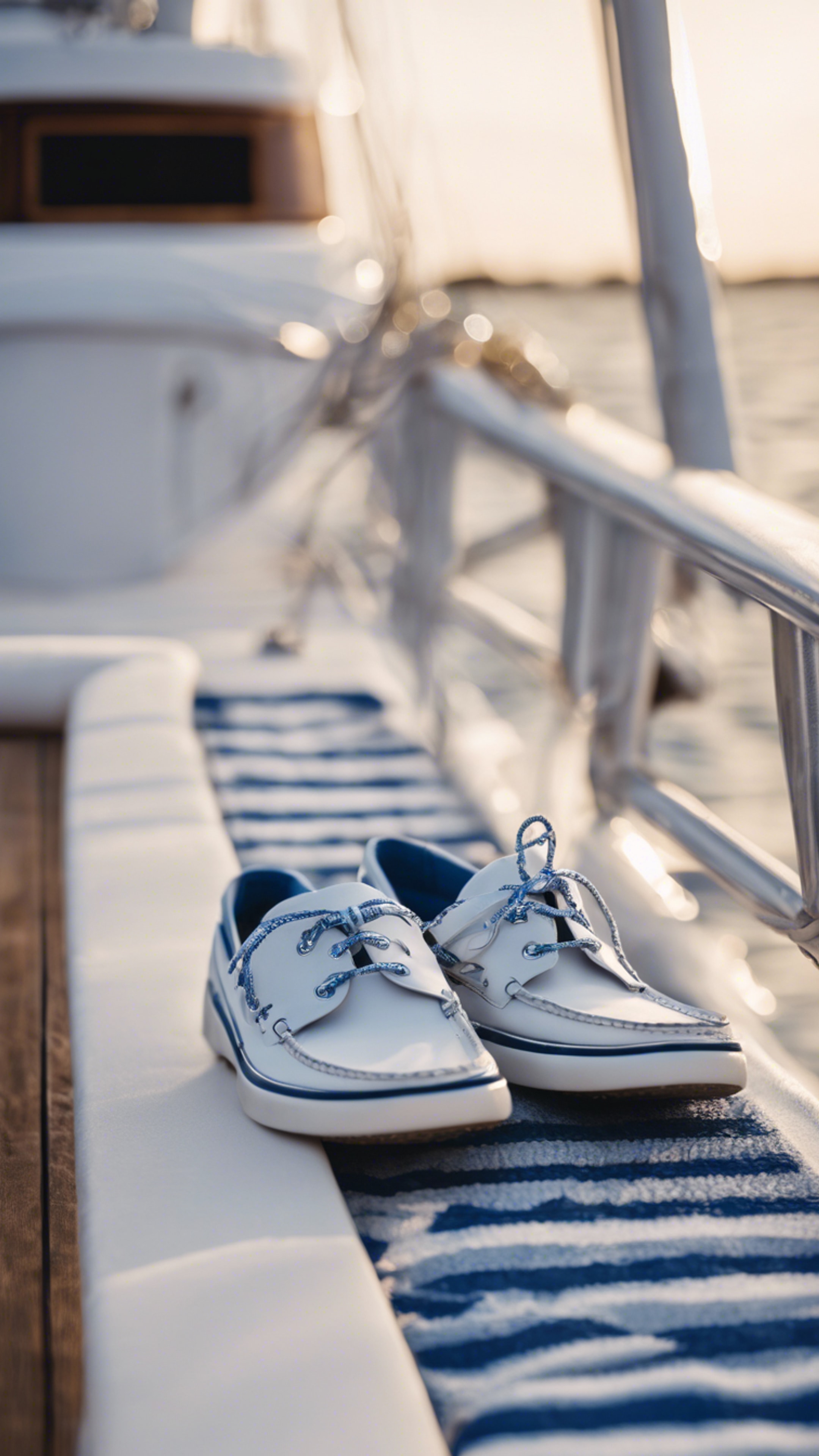 A pair of blue and white boat shoes resting on a yacht deck, reflecting preppy fashion. Taustakuva[e5e4a620cbd541dd8bee]